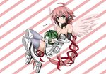  ahoge angel angel_wings bare_shoulders between_breasts black_hair blush breasts chain cleavage collar collarbone food fruit gradient_hair green_eyes ikaros large_breasts long_hair looking_at_viewer mint_(cerbi) multicolored_hair pink_hair ribbon solo sora_no_otoshimono translation_request twintails watermelon wings 