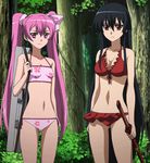  2girls akame akame_ga_kill! bikini black_eyes black_hair breasts candy cleavage hair_ribbon highres katana lollipop long_hair looking_at_viewer medium_breasts mine_(akame_ga_kill!) multiple_girls pink_bikini pink_eyes pink_hair pink_ribbon red_bikini ribbon screencap small_breasts standing stitched swimsuit sword thighs twintails weapon 