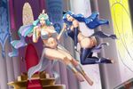  ass barefoot blue_eyes breasts bridal_gauntlets celestia_(my_little_pony) cleavage commentary elbow_gloves feet fingerless_gloves floating full_body gloves highres interlocked_fingers large_breasts long_hair luna_(my_little_pony) lvl_(sentrythe2310) midriff multicolored_hair multiple_girls my_little_pony my_little_pony_friendship_is_magic personification purple_eyes smile toeless_legwear toes very_long_hair 