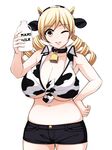  animal_ears animal_print bell bell_collar blonde_hair blush bottle breasts cleavage collar cow_bell cow_ears cow_print drill_hair hairband hand_on_hip horns huge_breasts long_hair looking_at_viewer mahou_shoujo_madoka_magica midriff milk_bottle navel one_eye_closed shirt shorts smile solo tied_shirt tomoe_mami torigoe_takumi twin_drills twintails underboob yellow_eyes 