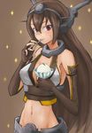  bare_shoulders brown_background brown_hair eating elbow_gloves fingerless_gloves food gloves headgear highres ice_cream kantai_collection long_hair looking_at_viewer midriff nagato_(kantai_collection) navel okitsugu red_eyes solo sparkle spoon spoon_in_mouth sweat 
