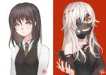  bangs black_hair black_shirt black_vest blood bloody_clothes bloody_hair bloody_hands breasts brown_neckwear closed_mouth commentary_request dual_persona eyepatch genderswap genderswap_(mtf) kaneki_ken long_hair looking_at_viewer mask multiple_girls necktie red_eyes saphirya shirt silver_hair small_breasts smile tokyo_ghoul torn_clothes torn_shirt upper_body vest yellow_eyes 