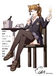  alcohol animal_ears black_legwear blazer blue_eyes bottle brown_hair bucket cat_ears champagne champagne_bottle champagne_flute crossed_legs cup drinking_glass flat_chest fork glass glasses jacket loafers long_hair looking_at_viewer mouse mouth_hold original ponytail school_uniform shoes signature sitting skirt smile solo table thighhighs torigoe_takumi translated twitter_username white_background wine x_x zettai_ryouiki 
