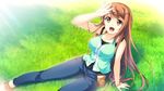  1girl absurdres breasts brown_eyes brown_hair collarbone game_cg grass happy highres kono_oozora_ni_tsubasa_wo_hirogete large_breasts legs long_hair looking_up open_mouth sitting smile solo sunlight thighs yashima_takahiro 