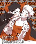  abe_takaya arm_around_waist black_hair black_nails blush bow bowtie cape covered_nipples crossdressing da_kata dress earrings fangs halloween halloween_costume happy_halloween jack-o'-lantern jewelry licking looking_at_viewer male_focus mihashi_ren multiple_boys nail_polish necklace ookiku_furikabutte pointy_ears pumpkin teardrop vampire vampire_costume wrist_grab yaoi 