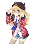  bespectacled blonde_hair coat eyelashes glasses green_eyes hat horns idolmaster idolmaster_cinderella_girls ikura_hato jougasaki_rika long_hair necktie smile solo thighhighs 