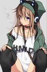  axent_wear between_breasts breasts brown_hair cat_ear_headphones choker cigarette headphones hood hoodie impossible_clothes impossible_shirt matarou_(genkai_toppa) original shirt smoking solo thighhighs 