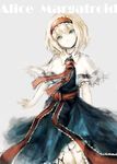  alice_margatroid blonde_hair blue_dress blue_eyes capelet character_name dress expressionless grey_background head_tilt looking_at_viewer neck_ribbon ribbon short_hair solo touhou upper_body vienri 