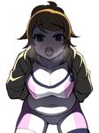  arms_behind_back bike_shorts blue_eyes blush breasts breath brown_hair gundam gundam_build_fighters gundam_build_fighters_try heart heart-shaped_pupils hoshino_fumina jacket large_breasts looking_at_viewer midriff navel open_clothes open_jacket open_mouth ponytail saliva short_hair solo sports_bra symbol-shaped_pupils torigoe_takumi 