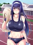  blue_hair breasts buruma headband huge_breasts long_hair looking_at_viewer megane_man navel original purple_eyes solo sports_bikini sports_bra sweat thigh_gap towel track track_and_field track_uniform wristband 