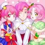  2boys aikatsu! aikatsu!_(series) color_connection crossdressing dress eyelashes falsetto_(suite_precure) hair_color_connection hair_ornament happy kitaouji_sakura kurochiroko leona_west looking_at_viewer multiple_boys multiple_girls pink_eyes pink_hair precure pretty_(series) pripara purple_eyes ribbon sketch smile suite_precure wrist_cuffs yellow_eyes 