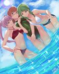  ;d bandana bikini blush bob_cut braid breasts copyright_name day dutch_angle fire_emblem fire_emblem:_rekka_no_ken green_eyes green_hair hair_over_shoulder hand_on_hip head_scarf head_wings highres leaning_forward looking_at_viewer medium_breasts multiple_girls navel nonji_(sayglo_halo) one-piece_swimsuit one_eye_closed open_mouth pink_hair priscilla_(fire_emblem) purple_eyes rebecca_(fire_emblem) red_hair serra short_hair shorts sky smile swimsuit twin_braids twintails wading 