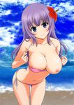  absurdres beach bikini blue_eyes breast_slip breasts day flower hair_flower hair_ornament hibiscus highres large_breasts lavender_hair leaning_forward long_hair looking_at_viewer marugoshi_teppei nipples one_breast_out original purple_bikini side-tie_bikini smile solo swimsuit undressing 