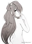  ass breasts butt_crack hair_over_one_eye happy_birthday long_hair looking_at_viewer looking_back love_live! love_live!_school_idol_project medium_breasts minami_kotori monochrome nude out-of-frame_censoring smile solo torigoe_takumi 