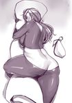  1girl ass breasts catsuit curvy elf elf_ears ganto gradient gradient_background large_breasts latex latex_suit long_hair monochrome plump pointy_ears solo thick_thighs thighs wide_hips 