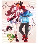  1girl :p bag baseball_cap blue_eyes boots brown_hair denim denim_shorts full_body gen_5_pokemon green_eyes handbag hat high_ponytail highres holding_hands jacket kogecha leaning_forward long_hair looking_at_viewer one_eye_closed oshawott pokemon pokemon_(creature) pokemon_(game) pokemon_bw pose shirt shorts sleeveless sleeveless_shirt smile snivy star tepig tongue tongue_out touko_(pokemon) touya_(pokemon) v vest white_shirt wristband 