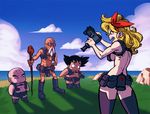  3boys arm_behind_back back bald beard belt_pouch black_hair black_legwear blonde_hair boots breasts cane cosplay crossover dragon_ball dragon_ball_(classic) facial_hair gun hair_ribbon holster imi_uzi kill_la_kill knee_boots kuririn long_hair lunch_(dragon_ball) medium_breasts multiple_boys mustache muten_roushi nubba nudist_beach_uniform old_man pouch ribbon shoulder_holster sideboob son_gokuu spiked_hair submachine_gun sunglasses thighhighs weapon younger 