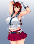  armpits blue_eyes blush breasts character_request curvy ganto gloves gradient gradient_background huge_breasts kantai_collection midriff navel noshiro_(kantai_collection) odor ponytail red_hair skirt smell smile solo sweat wide_hips 