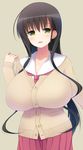  black_hair breasts green_eyes huge_breasts hyuuga_takashi iwato_kasumi long_hair looking_at_viewer open_mouth saki school_uniform simple_background skirt smile solo sweater 