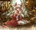  bug butterfly duel_monster highres horns insect insect_girl invisible jewelry leaf midriff monster_girl open_mouth pendant red_eyes silver_hair sitting spider tail traptrix_myrmeleo yue_(pixiv2547) yuu-gi-ou 