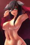  adjusting_eyewear animal_ears armpits blush breasts brown_hair dog_ears federica_n_doglio glasses green_eyes highres large_breasts liar_lawyer navel open_clothes open_mouth open_shirt panties shirt solo underwear world_witches_series 