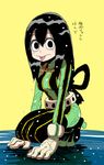  asui_tsuyu black_eyes black_hair bodysuit boku_no_hero_academia frog_girl gloves green_bodysuit hair_rings long_hair mizukami_satoshi monster_girl tongue tongue_out translated wet 