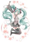  armpits arms_up bad_id bad_pixiv_id detached_sleeves flower green_eyes green_hair hatsune_miku headphones heart jumping long_hair looking_at_viewer microphone necktie skirt solo thighhighs twintails very_long_hair vocaloid wataame27 white_background 