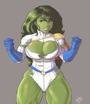  breasts bursting_breasts capelet cleavage cleavage_cutout cosplay crossover dc_comics flexing gloves green_hair green_skin grey_background highres jennifer_walters large_breasts leotard lips long_hair marvel muscle pose power_girl power_girl_(cosplay) randomboobguy she-hulk smile solo thick_thighs thighs torn_clothes torn_leotard 