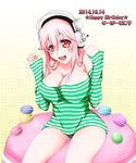  blush breasts cleavage food headphones ion_(artist) large_breasts long_hair looking_at_viewer macaron nitroplus off_shoulder open_mouth panties pink_hair red_eyes smile solo super_sonico underwear 