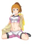  bike_shorts blue_eyes blush breasts brown_hair gundam gundam_build_fighters gundam_build_fighters_try hoshino_fumina jack_hamster jacket large_breasts midriff navel open_mouth ponytail short_hair sitting solo sports_bra stomach wariza 