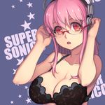  :o bespectacled bra breasts cleavage glasses headphones large_breasts long_hair looking_at_viewer lowres nitroplus open_mouth pink_hair red_eyes solo super_sonico underwear yuksi 