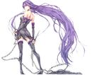  absurdly_long_hair bare_shoulders black_dress black_legwear blindfold boots bridal_gauntlets chain choker contrapposto dress facial_mark fate/stay_night fate_(series) forehead_mark from_behind full_body high_heel_boots high_heels highres kizuki_aruchu long_hair looking_back multicolored multicolored_eyes nameless_dagger purple_eyes purple_hair rider simple_background solo spike standing thigh_boots thighhighs very_long_hair weapon white_background yellow_eyes zettai_ryouiki 