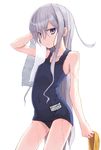  blue_eyes collarbone hibiki_(kantai_collection) kantai_collection long_hair mochiki one-piece_swimsuit school_swimsuit silver_hair solo swimsuit towel verniy_(kantai_collection) very_long_hair wet 