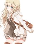  bag bangs blonde_hair blue_eyes blush brown_legwear chemise cowboy_shot eyebrows_visible_through_hair hiro_(hirohiro31) hood hood_down hoodie leaning_forward long_hair long_sleeves looking_at_viewer looking_to_the_side original parted_lips shoulder_bag simple_background solo thighhighs wavy_hair white_background 