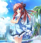  :o bird blue_dress blue_eyes boat bow brown_hair building city cityscape cloud day dress feathers fingers_together frilled_dress frilled_sleeves frills fujina_kanori game_cg gotou_nao hair_bow highres lake long_hair looking_at_viewer minami_juujisei_renka official_art outdoors palm_tree puffy_short_sleeves puffy_sleeves ribbon school_uniform short_dress short_sleeves sky solo steepled_fingers sunlight surprised tree water watercraft 