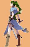  belt blue_eyes boots earrings fingerless_gloves fire_emblem fire_emblem:_rekka_no_ken full_body fumi_(3946033) gloves green_hair high_ponytail jewelry long_hair looking_back lyndis_(fire_emblem) orange_background outline ponytail sheath simple_background solo sword very_long_hair weapon 