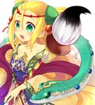  :d animal bare_shoulders blonde_hair blush calligraphy_brush circlet collarbone green_eyes hair_bobbles hair_ornament hair_strand holding jewelry long_hair long_sleeves meimei_(p&amp;d) necklace off_shoulder open_mouth oversized_animal paintbrush puzzle_&amp;_dragons simple_background smile snake solo turtle_shell very_long_hair white_background yuya_(oshidori) 