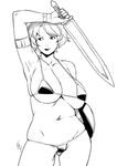  1girl armpit armpit_hair armpits bikini breasts character_request ganto huge_breasts lips monochrome plump shield short_hair simple_background solo swimsuit sword weapon white_background 