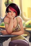  absurdres bangs bare_shoulders black_hair blue_eyes blurry breasts carlos_eduardo casual chin_rest cleavage crossed_legs cup dagger depth_of_field fiora_laurent hair_over_one_eye highlights highres large_breasts league_of_legends lips looking_at_viewer mug multicolored_hair nose parted_lips red_hair short_hair sitting smile solo strap_slip swept_bangs table tank_top two-tone_hair weapon 