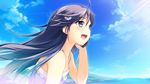  1girl absurdres blue_eyes blush breasts cellphone cloud clouds dress flat_chest game_cg happy highres kono_oozora_ni_tsubasa_wo_hirogete long_hair looking_away misagi_isuka ocean open_mouth phone purple_hair sky smile solo sunlight water wind yashima_takahiro 