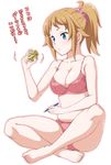  blue_eyes blush bra breasts brown_hair cleavage gundam gundam_build_fighters gundam_build_fighters_try gunpla hoshino_fumina indian_style large_breasts marker panties ponytail powered_gm_cardigan shiny shiny_hair shiny_skin shouji_nigou sitting skindentation solo underwear underwear_only 