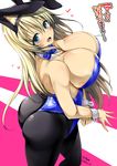  1girl animal_ears ass atago_(kantai_collection) bad_anatomy bare_shoulders blonde_hair blue_eyes breasts bunny_ears bunny_girl bunnysuit error female from_above hair_ornament huge_breasts kantai_collection long_hair looking_at_viewer open_mouth pantyhose solo standing stem 
