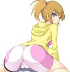  ass bike_shorts blue_eyes blush breasts brown_hair cameltoe gundam gundam_build_fighters gundam_build_fighters_try hoshino_fumina jacket kuro_(be_ok) looking_at_viewer medium_breasts midriff ponytail short_hair solo 