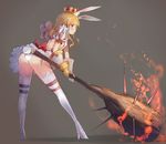  :3 animal_ears ass backless_outfit bangs bare_back blonde_hair blunt_bangs blush buckle bunny_ears bunny_hair_ornament bunny_tail club commentary crown fire flat_chest frilled_skirt frills from_behind full_body gauntlets grey_background hair_ornament high_heels highres holding holding_weapon leaning_forward legs_apart long_hair looking_back miniskirt original panties puff_and_slash_sleeves puffy_short_sleeves puffy_sleeves red_eyes ribbon shoes short_sleeves side-tie_panties sidelocks simple_background skirt solo spiked_club standing sumisu_(mondo) tail thigh_strap thighhighs two-handed underwear weapon white_footwear white_legwear white_panties 