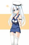  armlet bare_shoulders beige_background beret blue_eyes collarbone cosplay flat_chest hat hibiki_(kantai_collection) i-8_(kantai_collection) i-8_(kantai_collection)_(cosplay) kantai_collection long_hair looking_down loose_clothes nassukun one-piece_swimsuit oversized_clothes peaked_cap school_swimsuit silver_hair simple_background sleeveless solo squiggle standing swimsuit thighhighs twitter_username white_hat white_legwear 