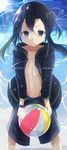  absurdres bad_id bad_pixiv_id ball beachball black_eyes black_hair highres jacket kirito kirito_(sao-ggo) long_hair male_swimwear shisokonbu shorts swim_trunks swimwear sword_art_online 