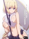  1girl between_breasts blonde_hair braid breast_hold breasts covering covering_breasts fate/apocrypha fate/grand_order fate_(series) highres janne_d&#039;arc jeanne_d&#039;arc_(fate) jeanne_d&#039;arc_(fate)_(all) large_breasts long_hair looking_at_viewer necktie open_fly parted_lips purple_eyes ramchi shirt shorts signature simple_background solo torn_clothes underboob very_long_hair white_background white_shirt 