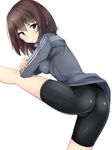  ass bad_id bad_pixiv_id bike_shorts blush brown_hair commentary geshiko_(girls_und_panzer) girls_und_panzer green_eyes gym_uniform highres jacket leg_up looking_at_viewer looking_back nksk short_hair skindentation solo standing stretch track_jacket white_background 