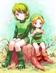  1girl bad_id bad_twitter_id blonde_hair blue_eyes boots green_footwear green_hair green_hairband hairband hat instrument link noaki ocarina pointy_ears saria smile the_legend_of_zelda the_legend_of_zelda:_ocarina_of_time younger 