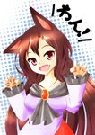  absurdres animal_ears breasts brooch brown_eyes brown_hair claw_pose collarbone dress fang fingernails highres imaizumi_kagerou jewelry long_fingernails long_hair looking_at_viewer medium_breasts nail_polish open_mouth paw_pose solo touhou wolf_ears 